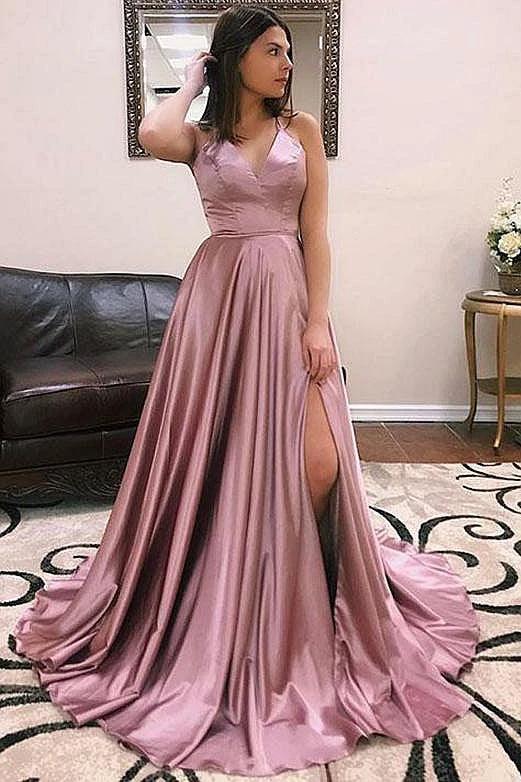 Fascinating Long A-line V-neck Satin Open Back Prom Dress with Front Slit by BIZTUNNEL