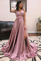 Fascinating Long A-line V-neck Satin Open Back Prom Dress with Front Slit by BIZTUNNEL