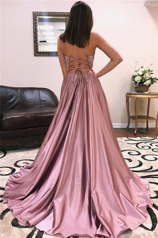 Faszinierendes langes A-Linien-Ballkleid aus Satin mit V-Ausschnitt, offenem Rücken und Schlitz vorne