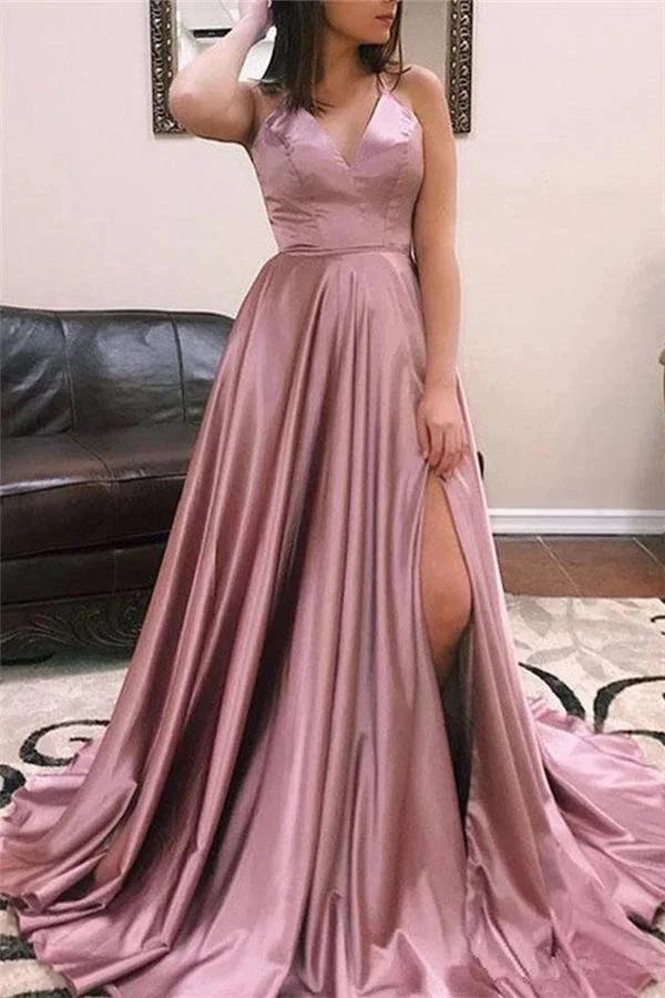 Fascinating Long A-line V-neck Satin Open Back Prom Dress with Front Slit by BIZTUNNEL