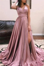 Fascinating Long A-line V-neck Satin Open Back Prom Dress with Front Slit by BIZTUNNEL
