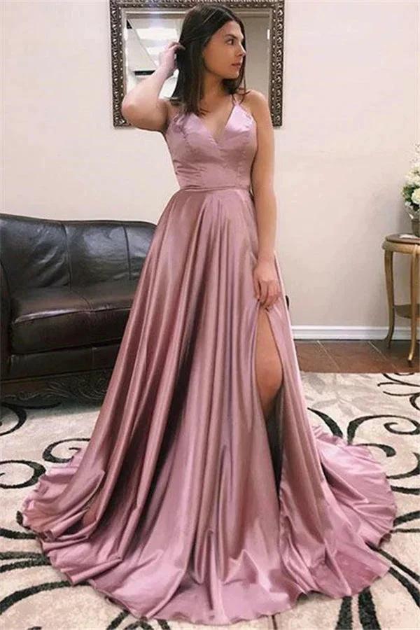 Fascinating Long A-line V-neck Satin Open Back Prom Dress with Front Slit by BIZTUNNEL