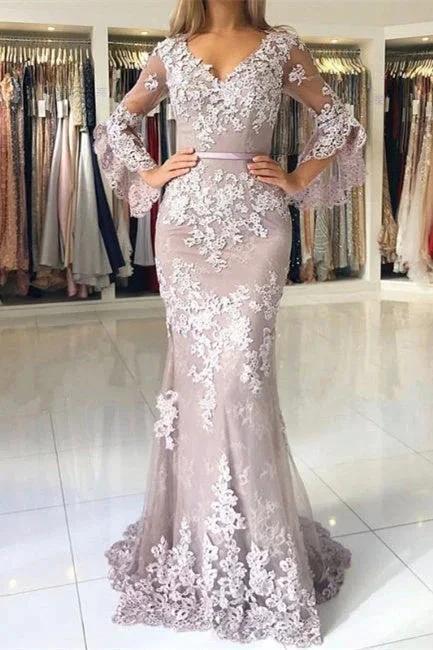 Fashion Evening Dresses Long Lace With Sleeves Floor-Length Evening Wear Prom Dresses by misshow.com