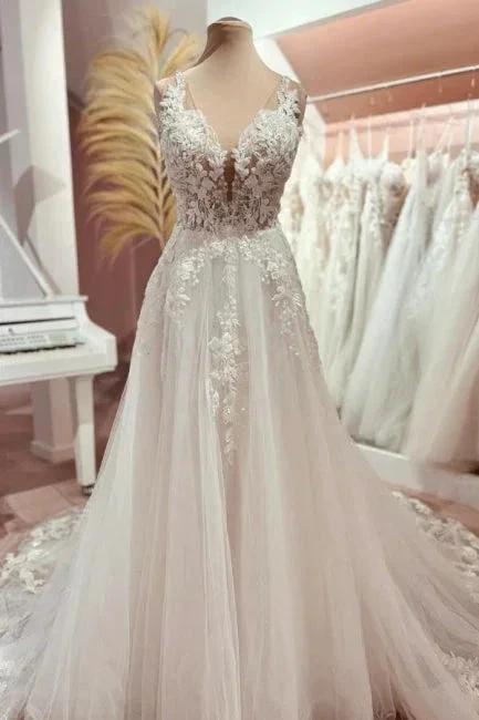 Fashion Long A-line V-neck Lace Tulle Wedding Dress with Train by misshow.com