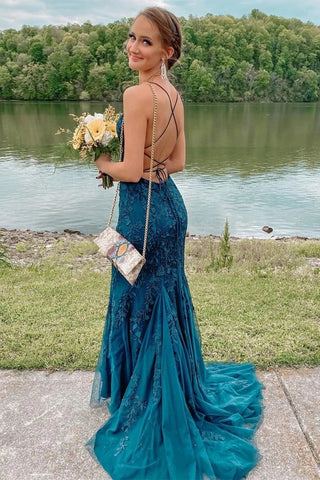 Vestido de fiesta largo de sirena con encaje y espalda descubierta, de moda, modesto y formal, para noche.