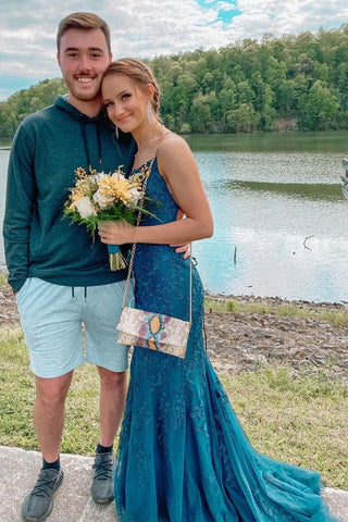 Vestido de fiesta largo de sirena con encaje y espalda descubierta, de moda, modesto y formal, para noche.