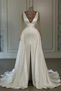 Fashion Long White A-line High Neck Lace Glitter Split Front Prom Dresses with Long Sleeves by misshow.com