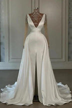 Fashion Long White A-line High Neck Lace Glitter Split Front Prom Dresses with Long Sleeves by misshow.com