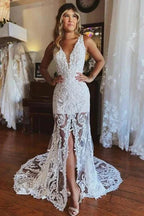 Fashion Spaghetti Straps Lace Mermaid Wedding Gowns With Slit by misshow.com