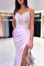 Fashionable Floor Length Mermaid Spaghetti Straps Lace Prom Dress with Slit by misshow.com