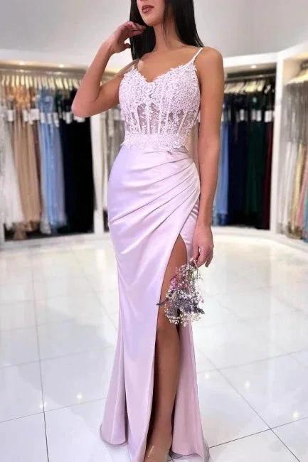 Fashionable Floor Length Mermaid Spaghetti Straps Lace Prom Dress with Slit by misshow.com