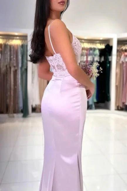Fashionable Floor Length Mermaid Spaghetti Straps Lace Prom Dress with Slit by misshow.com