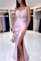 Fashionable Floor Length Mermaid Spaghetti Straps Lace Prom Dress with Slit by misshow.com