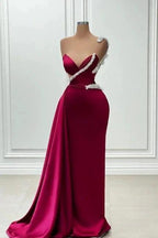 Fashionable Long Burgundy Mermaid One Shoulder Beading Satin Prom Dress by misshow.com
