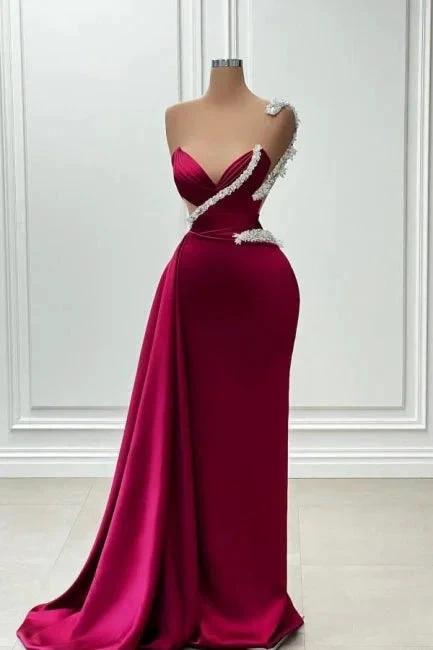 Fashionable Long Burgundy Mermaid One Shoulder Beading Satin Prom Dress by misshow.com