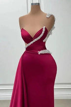 Fashionable Long Burgundy Mermaid One Shoulder Beading Satin Prom Dress by misshow.com