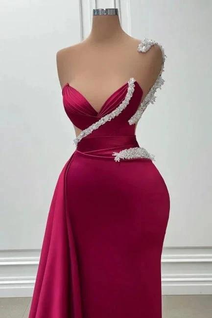 Fashionable Long Burgundy Mermaid One Shoulder Beading Satin Prom Dress by misshow.com