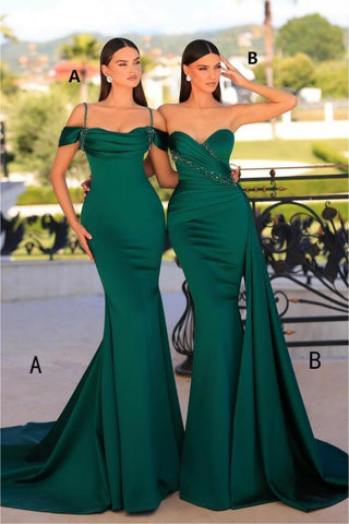 Fashionable Long Dark Green Mermaid Sleeveless Beading Satin Prom Dress