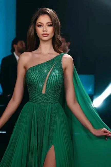 Fashionable Long Emerald A-line One Shoulder Chiffon Beading Prom Dress with Slit by misshow.com