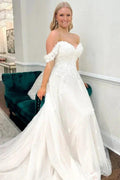 Fashionable Long Ivory A-line Off-the-shoulder Tulle Appliques Wedding Dress by misshow.com