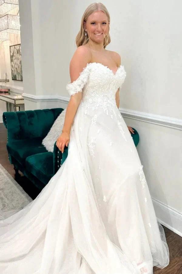 Fashionable Long Ivory A-line Off-the-shoulder Tulle Appliques Wedding Dress by misshow.com