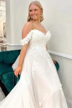 Fashionable Long Ivory A-line Off-the-shoulder Tulle Appliques Wedding Dress by misshow.com
