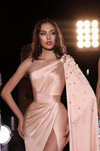 Fashionable Long Peach One Shoulder Satin Floor Length Prom Dress with Slit by misshow.com