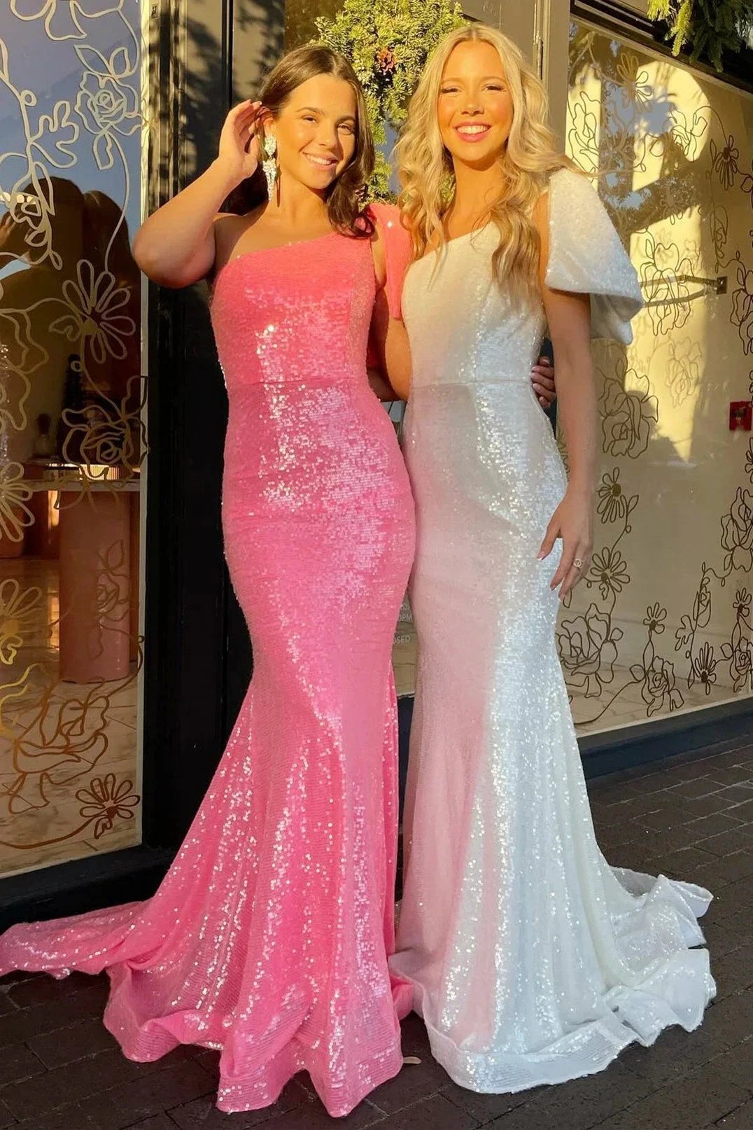 Fauna | Neon Pink Sequin One-Shoulder Bow Strap Trumpet Long Prom Dress by KissProm