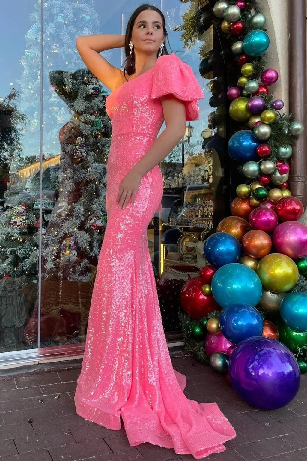 Fauna | Neon Pink Sequin One-Shoulder Bow Strap Trumpet Long Prom Dress by KissProm