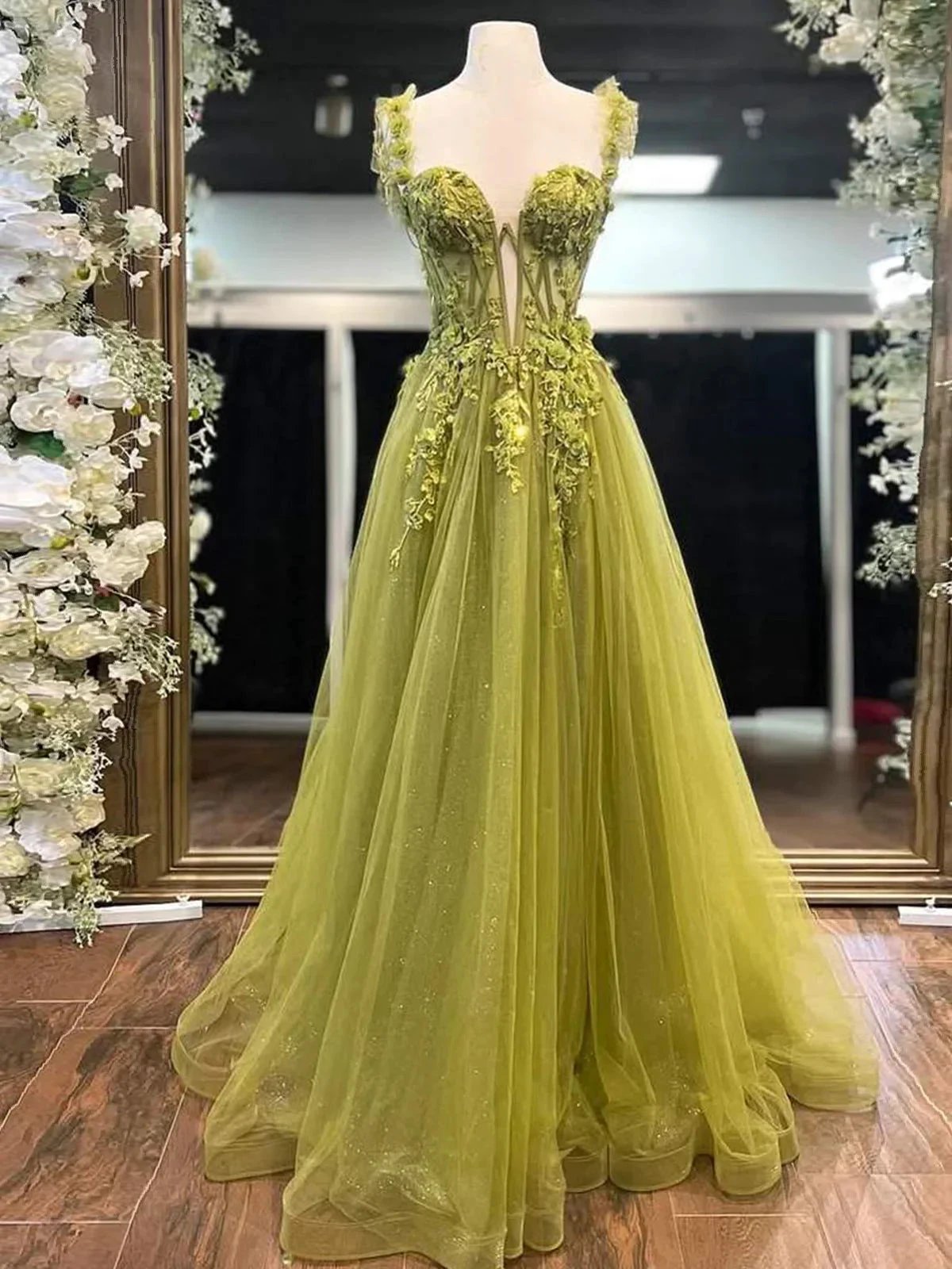 Faylina | A-Line Sage Sweetheart Tulle Long Prom Dresses with Lace Appliques by KissProm