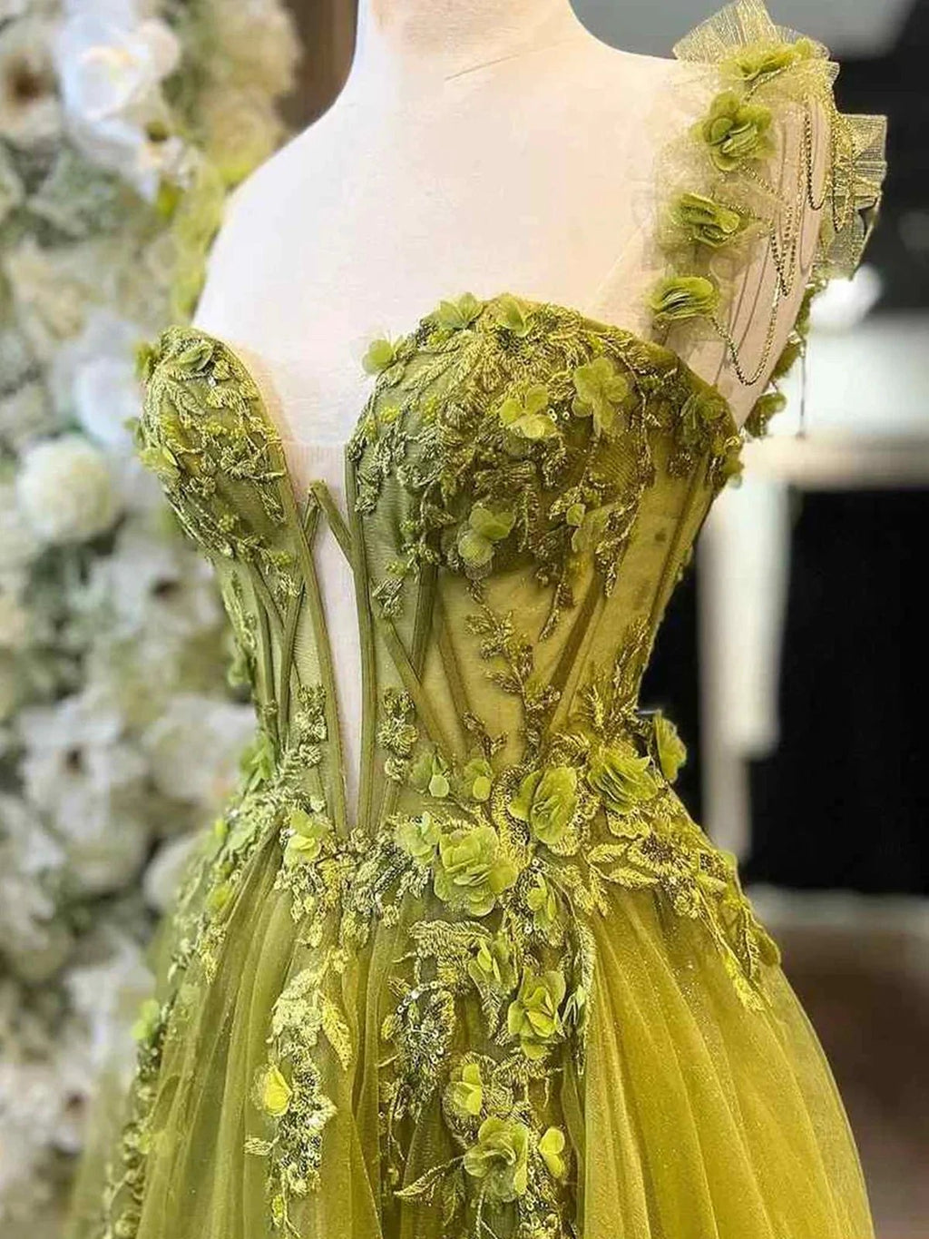 Faylina | A-Line Sage Sweetheart Tulle Long Prom Dresses with Lace Appliques by KissProm