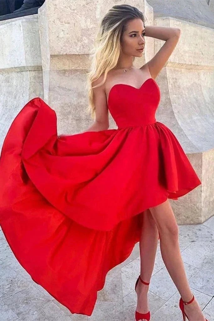 Red High Low Sweetheart Satin Short Prom Dress by BIZTUNNEL