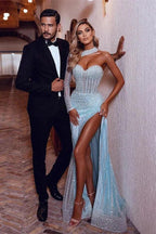 Long Mermaid One Shoulder Front Slit Sequined Prom Dress with Sleeves by BIZTUNNEL