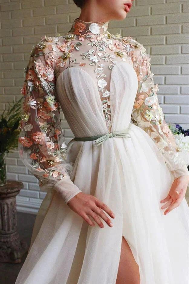 White Long Sleeves A-line High Neck Tulle Flower Mermaid Prom Dresses with Slit by BIZTUNNEL