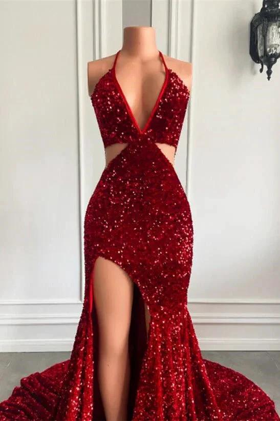 Split Front Red Halter V-Ncek Sequin Floor Length Mermaid Prom Dress by BIZTUNNEL