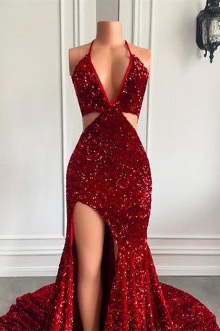 Split Front Red Halter V-Ncek Sequin Floor Length Mermaid Prom Dress