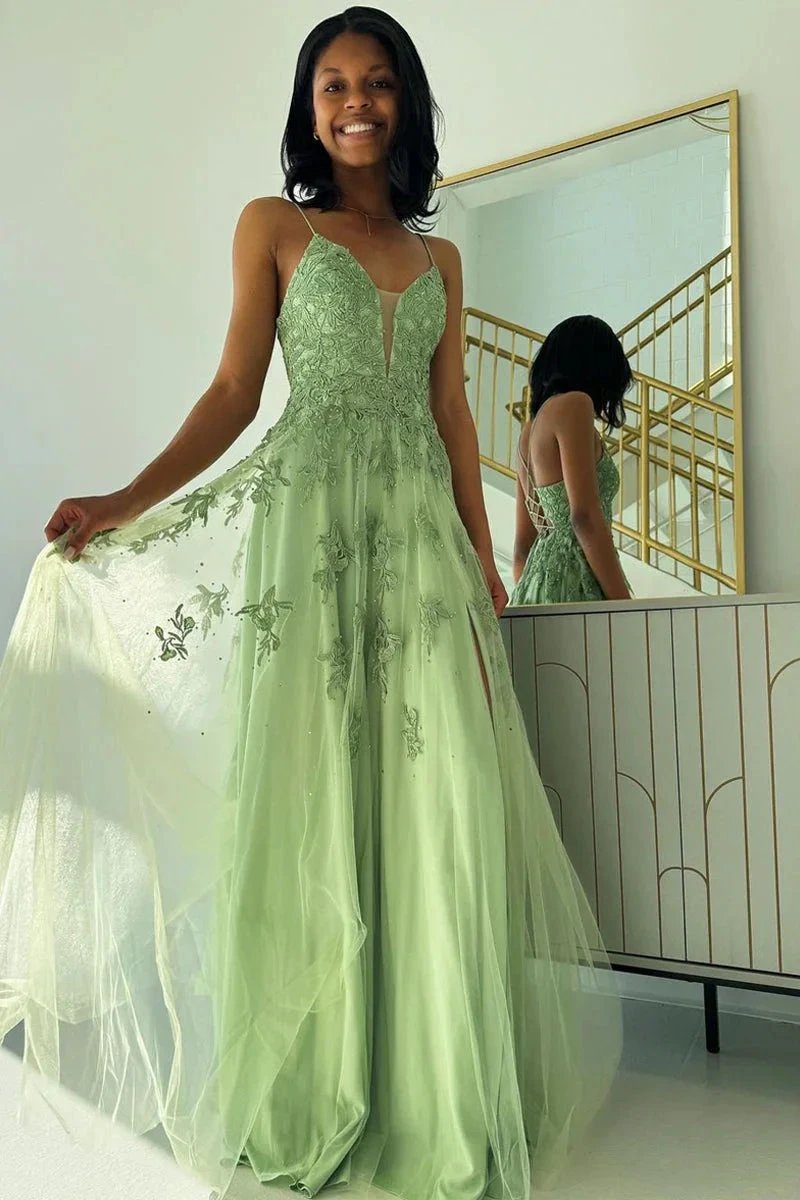 Sage Green V Neck Tulle A-Line Long Prom Dresses with Appliques by KissProm