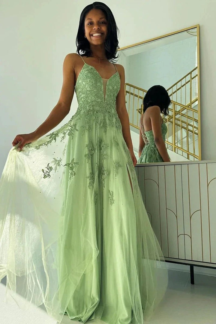 Sage Green V Neck Tulle A-Line Long Prom Dresses with Appliques by KissProm