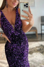 Purple V-Neck Open Back Long Mermaid Prom Dress with Featuring Sequins by BIZTUNNEL