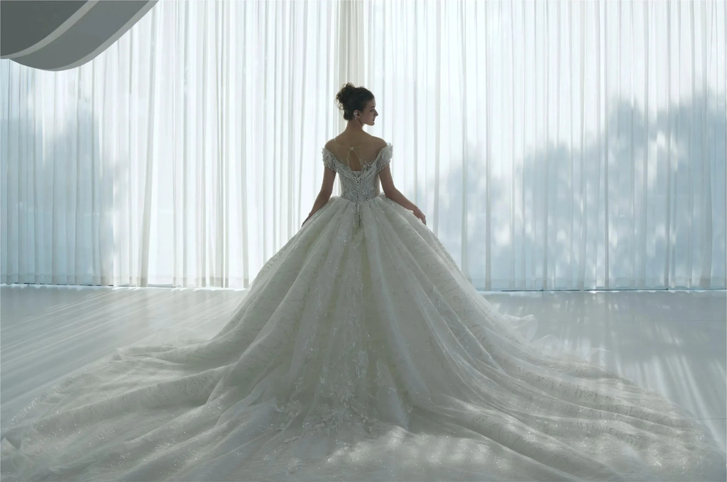 Ethereal Ball Gown Off-the-Shoulder Illusion Lace Wedding Dress with Beaded Embroidery & Cathedral Train M-002 by ZAPDRESS