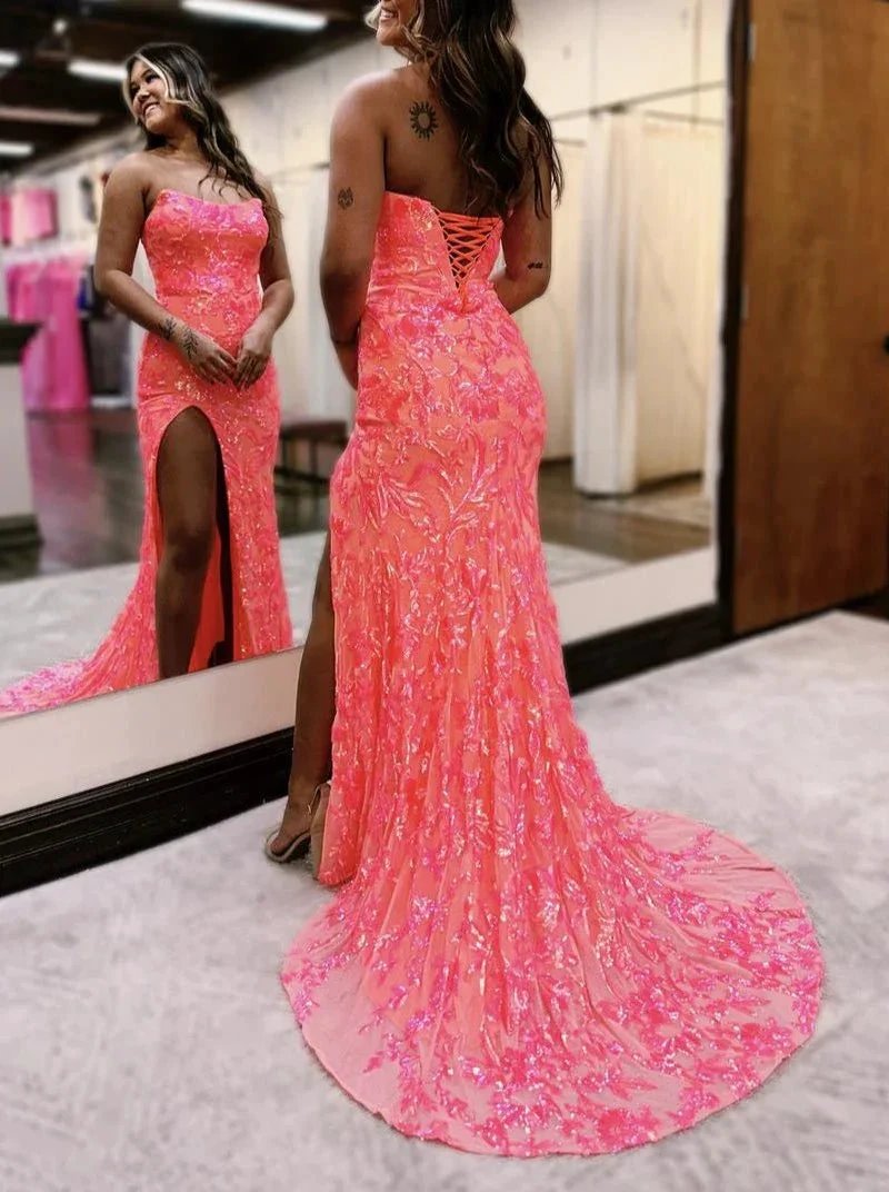 Fuchsia Strapless Sequins Lace Mermaid Prom Dresses with Slit by Kissprom