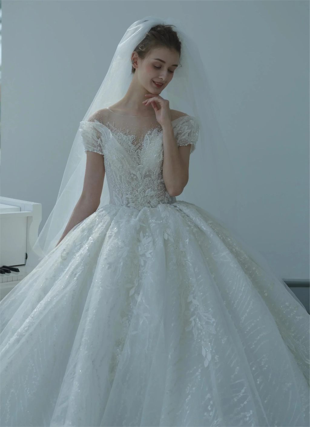 Ethereal Ball Gown Off-the-Shoulder Illusion Lace Wedding Dress with Beaded Embroidery & Cathedral Train M-002 by ZAPDRESS