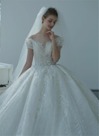 Ethereal Ball Gown Off-the-Shoulder Illusion Lace Wedding Dress with Beaded Embroidery & Cathedral Train M-002 by ZAPDRESS