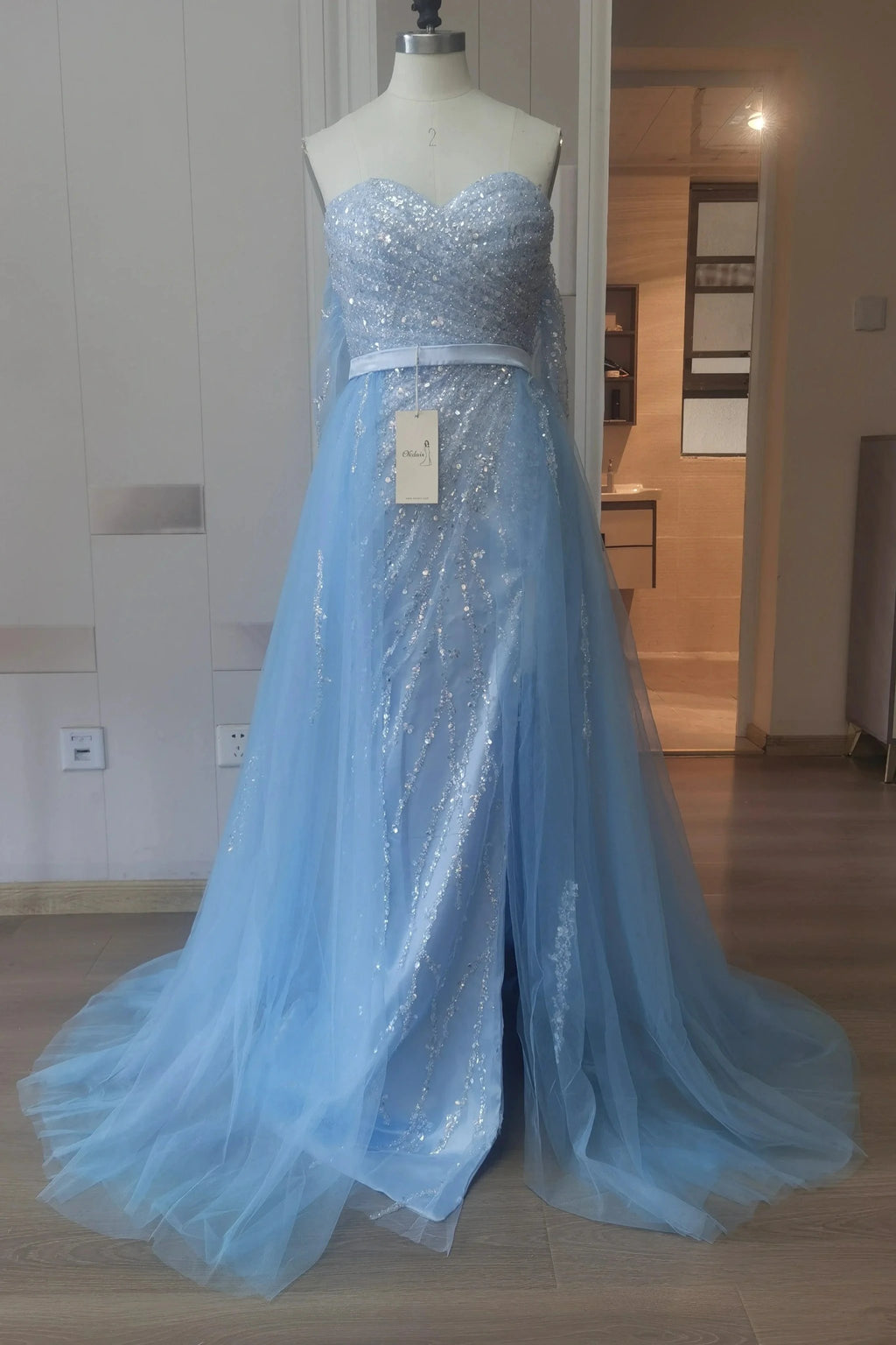 Split Front Sky Blue Off-the-Shoulder Tulle Prom Dress with Sequin Embellishments by BIZTUNNEL