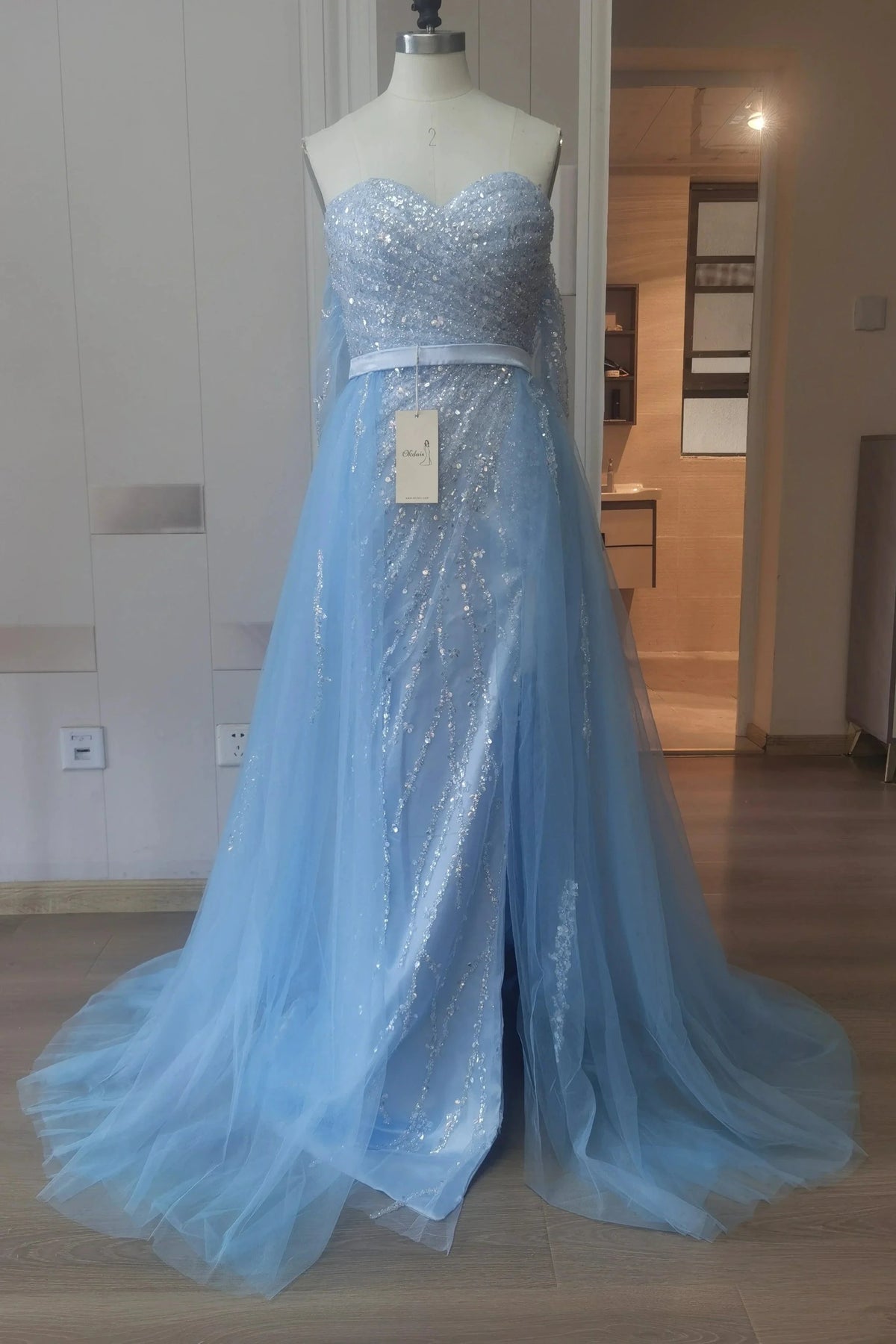Split Front Sky Blue Off-the-Shoulder Tulle Prom Dress with Sequin Embellishments by BIZTUNNEL