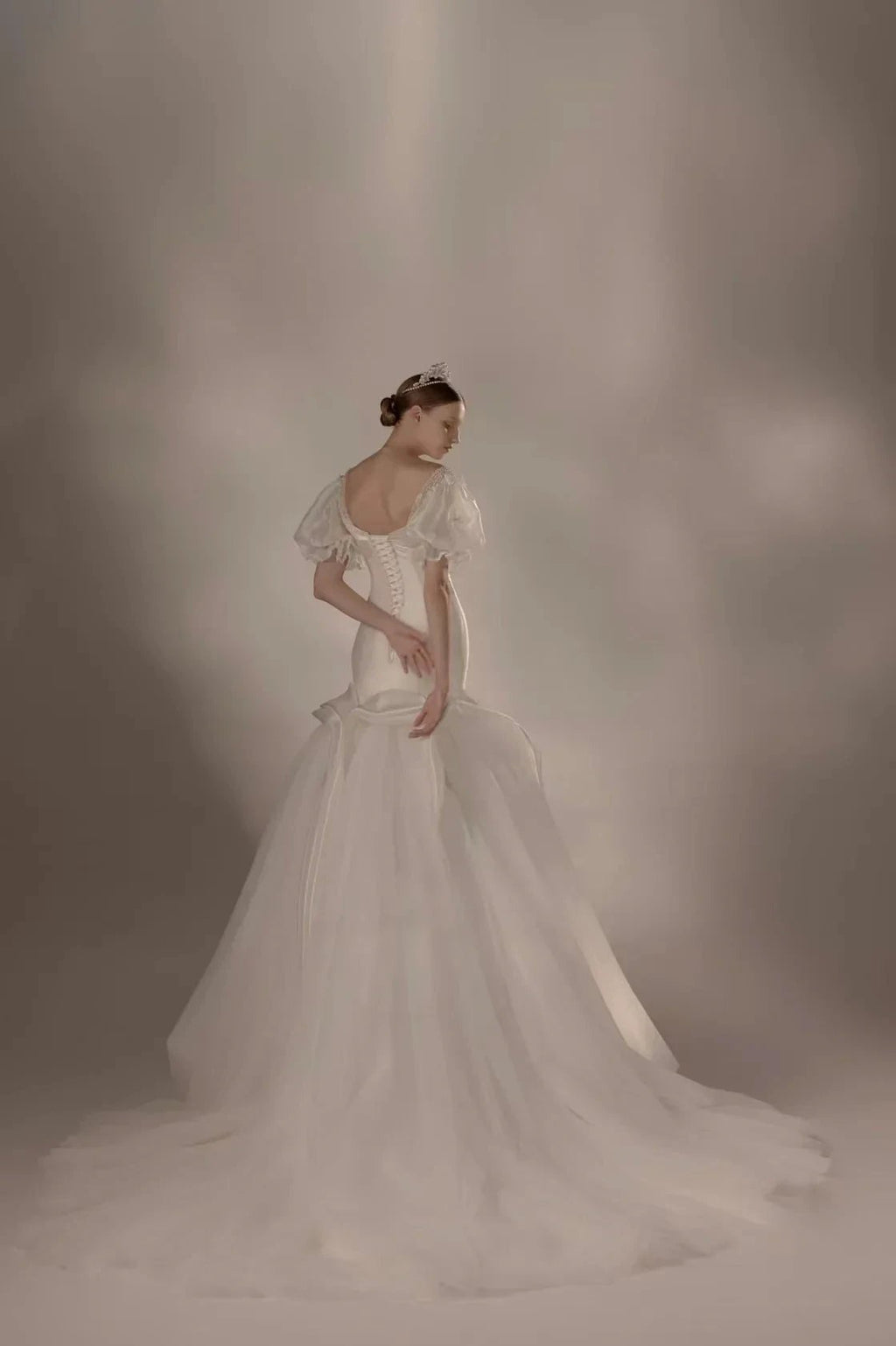Elegant Mermaid Square Neck Organza Puff Sleeve Satin Wedding Dress with Crystal Trim & Lace-Up Back Q6019 by ZAPDRESS