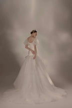 Elegant Mermaid Square Neck Organza Puff Sleeve Satin Wedding Dress with Crystal Trim & Lace-Up Back Q6019 by ZAPDRESS
