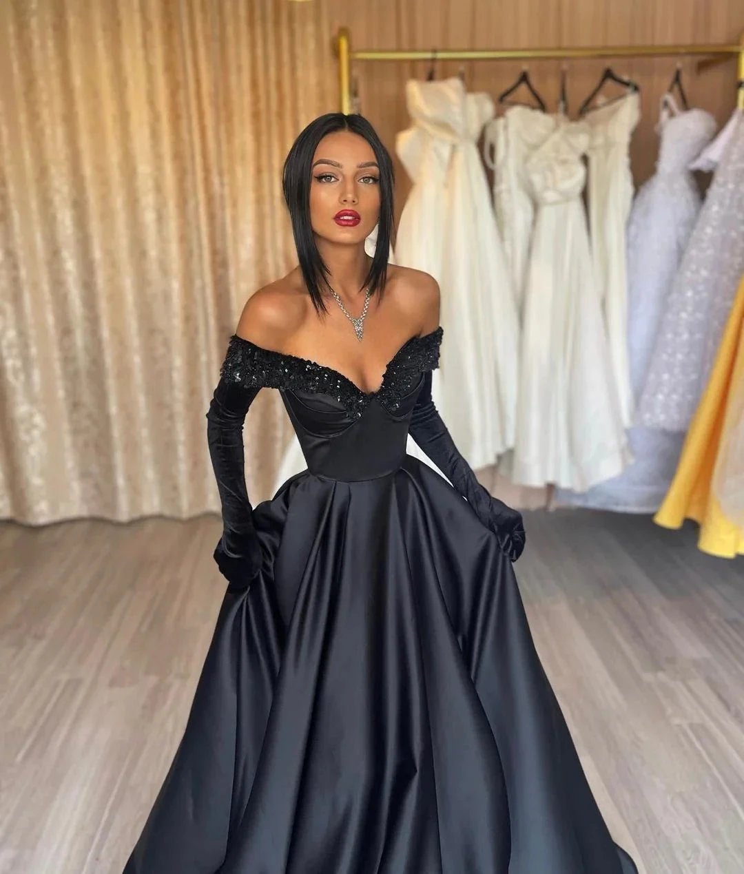 Black Long A Line Off the Shoulder Satin Prom Dress with Gloves by BIZTUNNEL