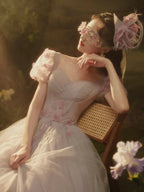 Romantic Lavender-Pink Sweetheart Tulle Ball Gown with 3D Floral Puff Sleeves by ZAPDRESS