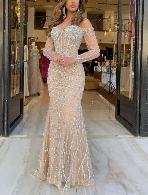 Luxury Sweetheart Long Strapless Beading Tulle Prom Dress Mermaid Evening Gown Y7629 by simplepromdress